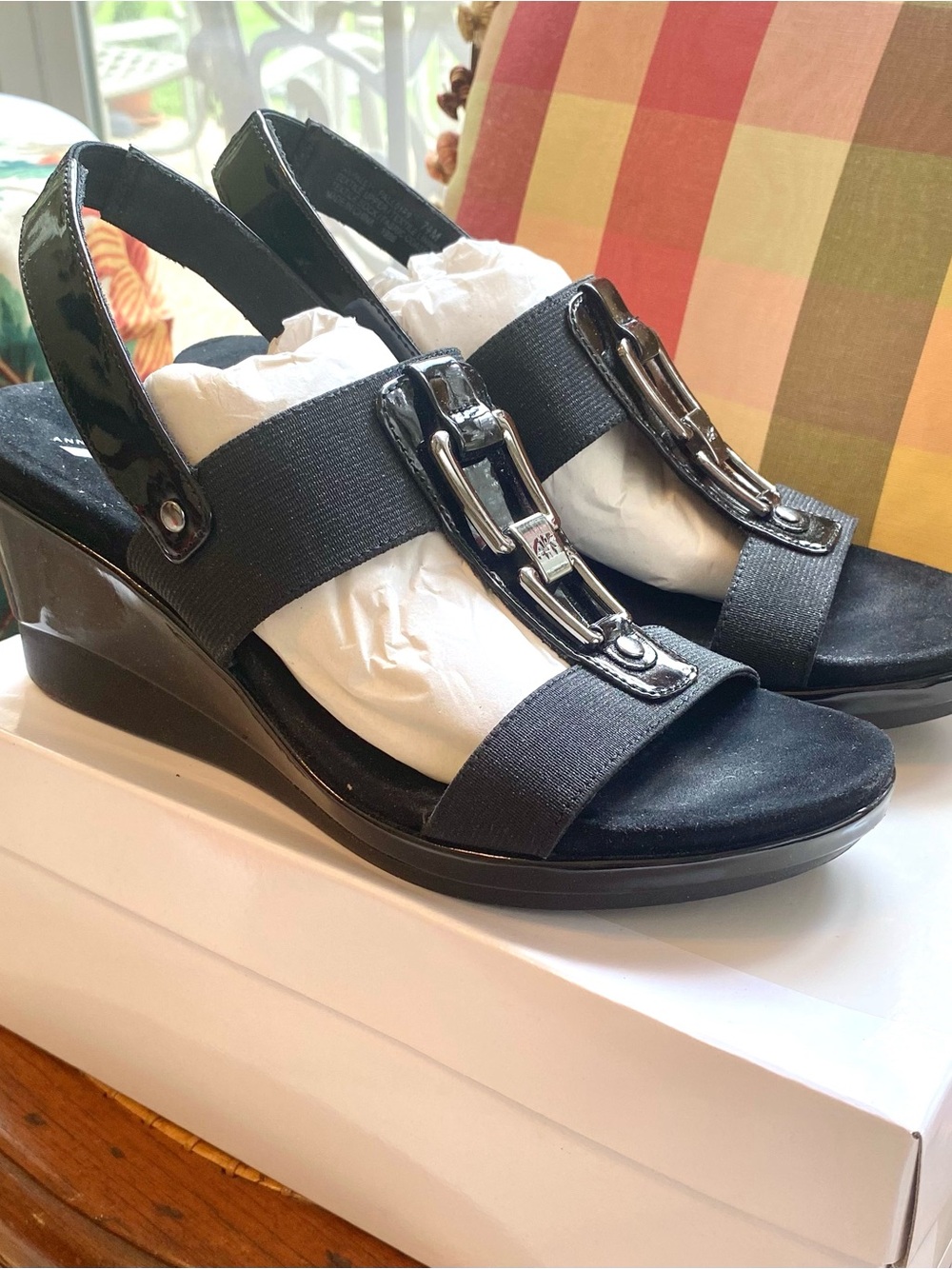 NIB Anne Klein Sport Black Wedge Slingback Sandals with Silver Buckle